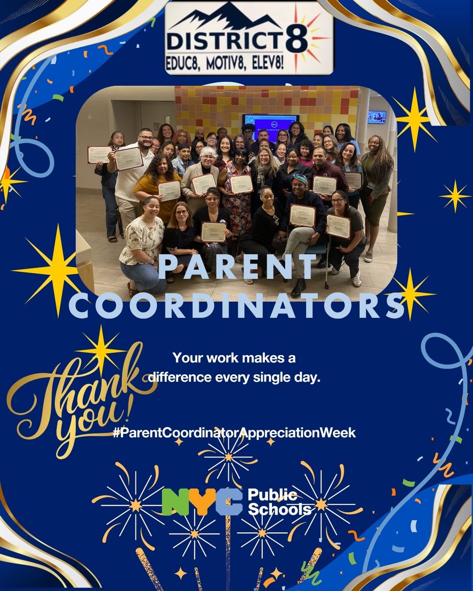 D8Connect's tweet photo. ๐๐Happy Parent Coordinator Appreciation Week! ๐๐ Today, we celebrate the dedicated Parent Coordinators.๐Your work makes a difference every single day.๐#ParentCoordinatorAppreciationWeek #ThankYouPCs #District8Connect #NYCPS #ParentCoordinators #EducateMotivateElevate๐๐โจ https://t.co/ekyhET530Z