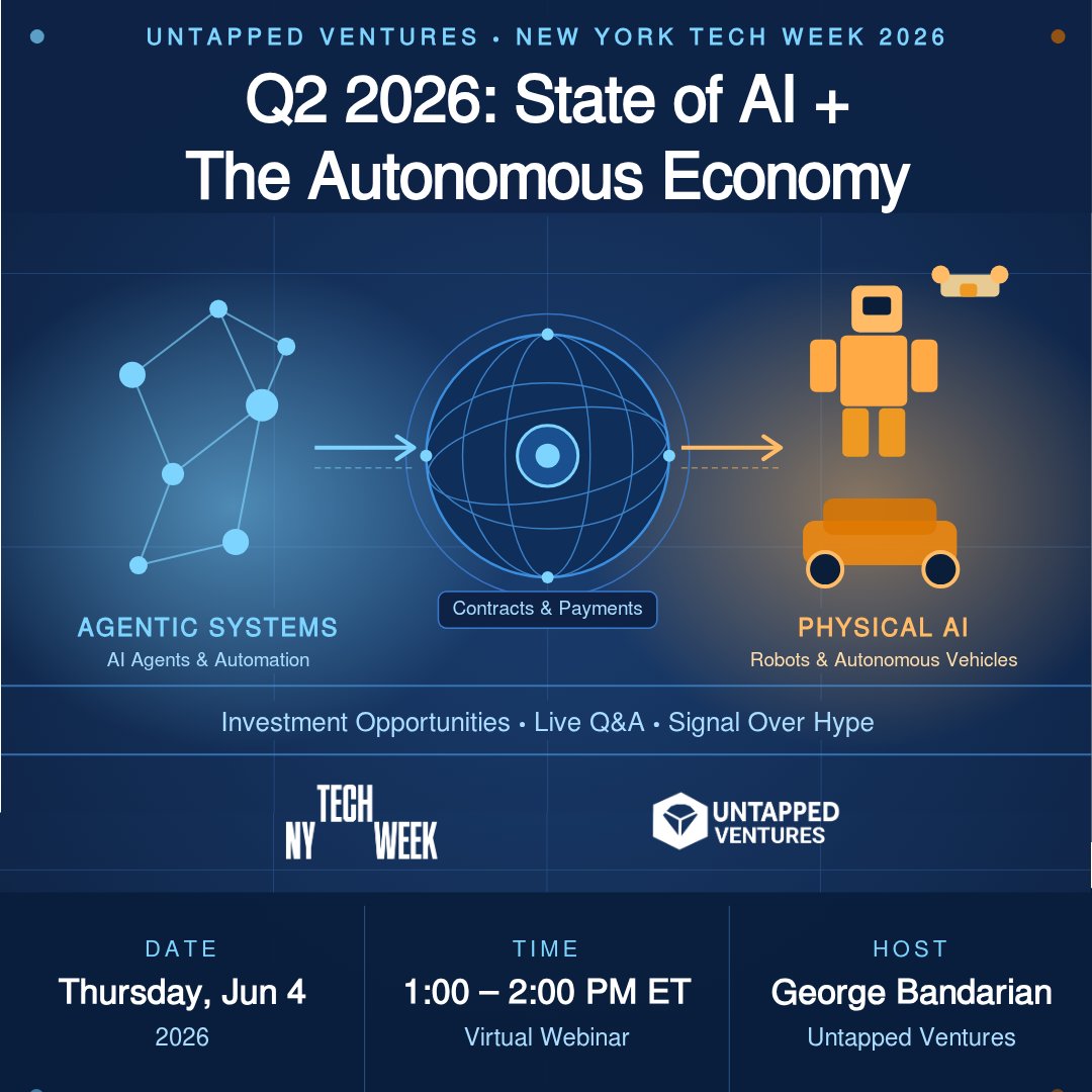 georgeb's tweet photo. Our #BOSTechWeek webinar last week crossed 500+ registrations. Next stop: New York Tech Week - hosting an exclusive @Techweek_ event this Thursday, June 4 from 1–2pm ET.
Q2 2026: State of AI + The Autonomous Economy
We'll cover:
→ What the Autonomous Economy actually is (working framework, not a buzzword)
→ Where AI adoption is real vs. still hype in Q2
→ The 3–5 investment themes Untapped is tracking right now
→ What it means for founders + operators
→ Live Q&A
Part of #NYTechWeek. Registration link below.