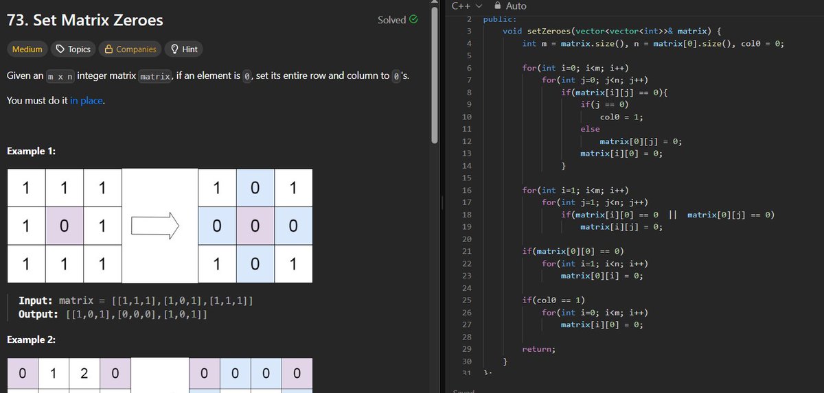 aniketinTech's tweet photo. Started my #SDESheetChallenge today! 🚀

Day 1 Progress:
Pascal's Triangle: Build solutions row by row
Next Permutation: Think in terms of permutations and pivots
Set Matrix Zeroes: Optimize space using matrix markers
@striver_79 @takeUforward_ #LeetCode #DSA https://t.co/uWUkX8HBIj