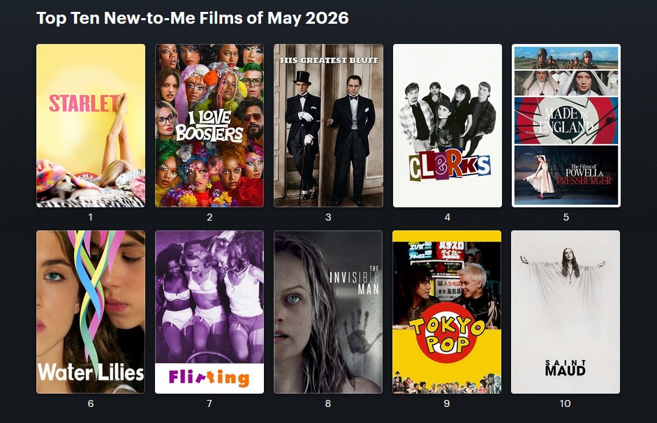 sly_wit's tweet photo. Top 10 new-to-me watches in May:
STARLET (2012)
I LOVE BOOSTERS (2026)
HIS GREATEST BLUFF (1927)
CLERKS (1994)
MADE IN ENGLAND: THE FILMS OF POWELL AND PRESSBURGER (2024)
NAISSANCE DES PIEUVRES (2007)
FLIRTING (1991)
THE INVISIBLE MAN (2020)
TOKYO POP (1988)
SAINT MAUD (2020) https://t.co/lrF77Vlj8Y