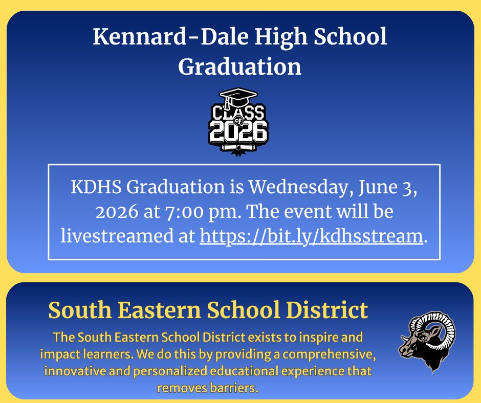 SESDRAMS's tweet photo. Kennard-Dale High School Class of 2026 Graduation Ceremony
Can't make it in person? Join us online to celebrate our graduates! The commencement ceremony will be broadcast live on June 3rd at 7:00 PM.
Watch the live stream here: https://t.co/XiS7QP5qGg https://t.co/c78Jop8Ghk