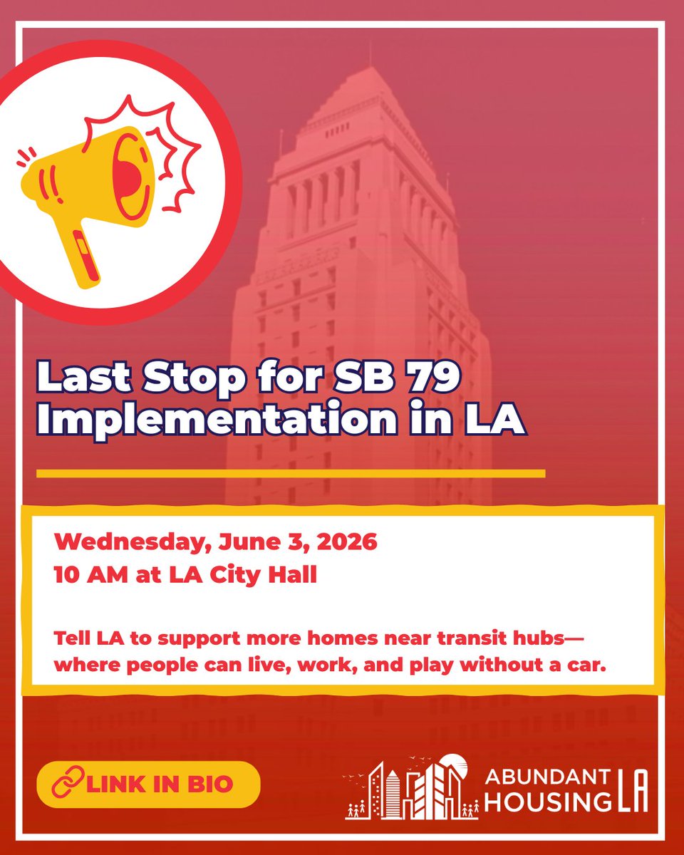 AbundantHousing's tweet photo. 📷 CALL TO ACTION 📷 This Wednesday, June 3rd at 10AM SB79 implementation is headed to the LA City Council and we need your support! 

Join us in telling LA City Council we support building more homes close to major transit stops, close to parks, good-paying jobs, and high-performing schools. 

Sign up and join us to give public comment at Los Angeles City Hall to advocate for both mixed income and 100% affordable housing projects near transit stations in high resource communities.

You can also send an advocacy letter to City Council with our template, link in bio!

#AHLA #SB79 #LACityCouncil #housingforall #abundanthousing