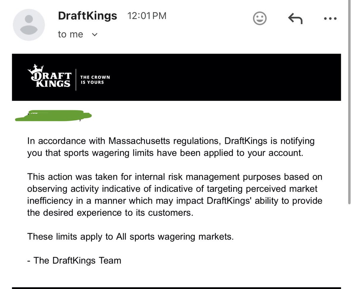TKooch27's tweet photo. @PatWodes @SlightlyPlusEV @DKSports MA law now requires the books to tell you why you’ve been limited. Even if it was in the past, and youve been limited for 3+ years (like me). https://t.co/MEj97DGxQX