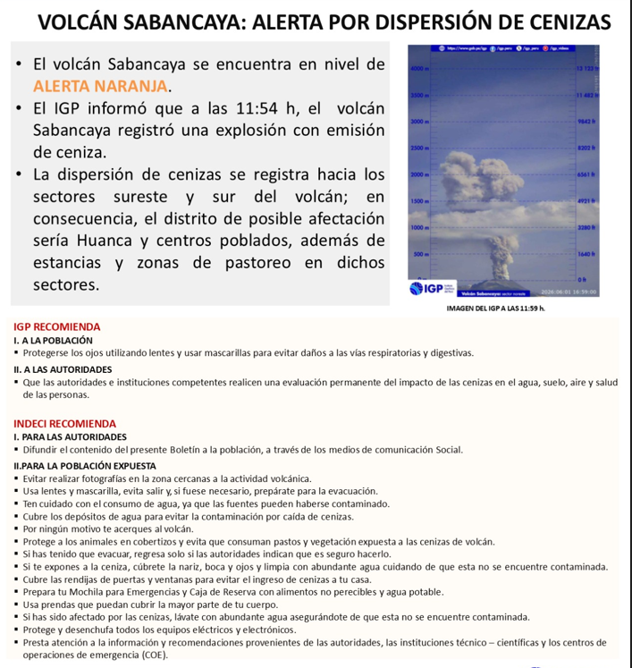 COENPeru's tweet photo. 📢El @igp_peru informó que a las 11:54 h se registró una explosión con emisión de cenizas en el volcán #Sabancaya. Las cenizas y gases expulsados vienen siendo dispersados por los vientos en dirección a hacia los sectores sureste y sur del volcán; en consecuencia, el distrito de posible afectación sería Huanca y centros poblados. El @indeciperu recomienda usar mascarilla y lentes, así como, cubrir los depósitos de agua.