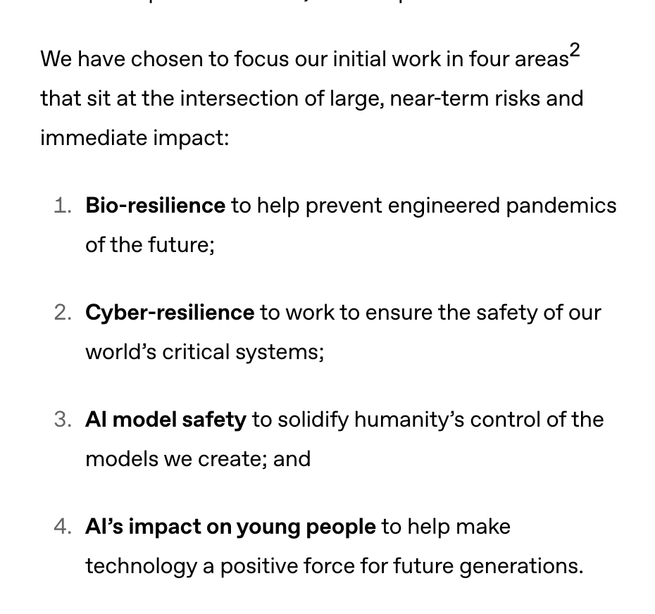 nanransohoff's tweet photo. The OpenAI Foundation just published four areas in AI resilience it wants to fund. Consider working on or starting something here! https://t.co/t2H3gn0RG2