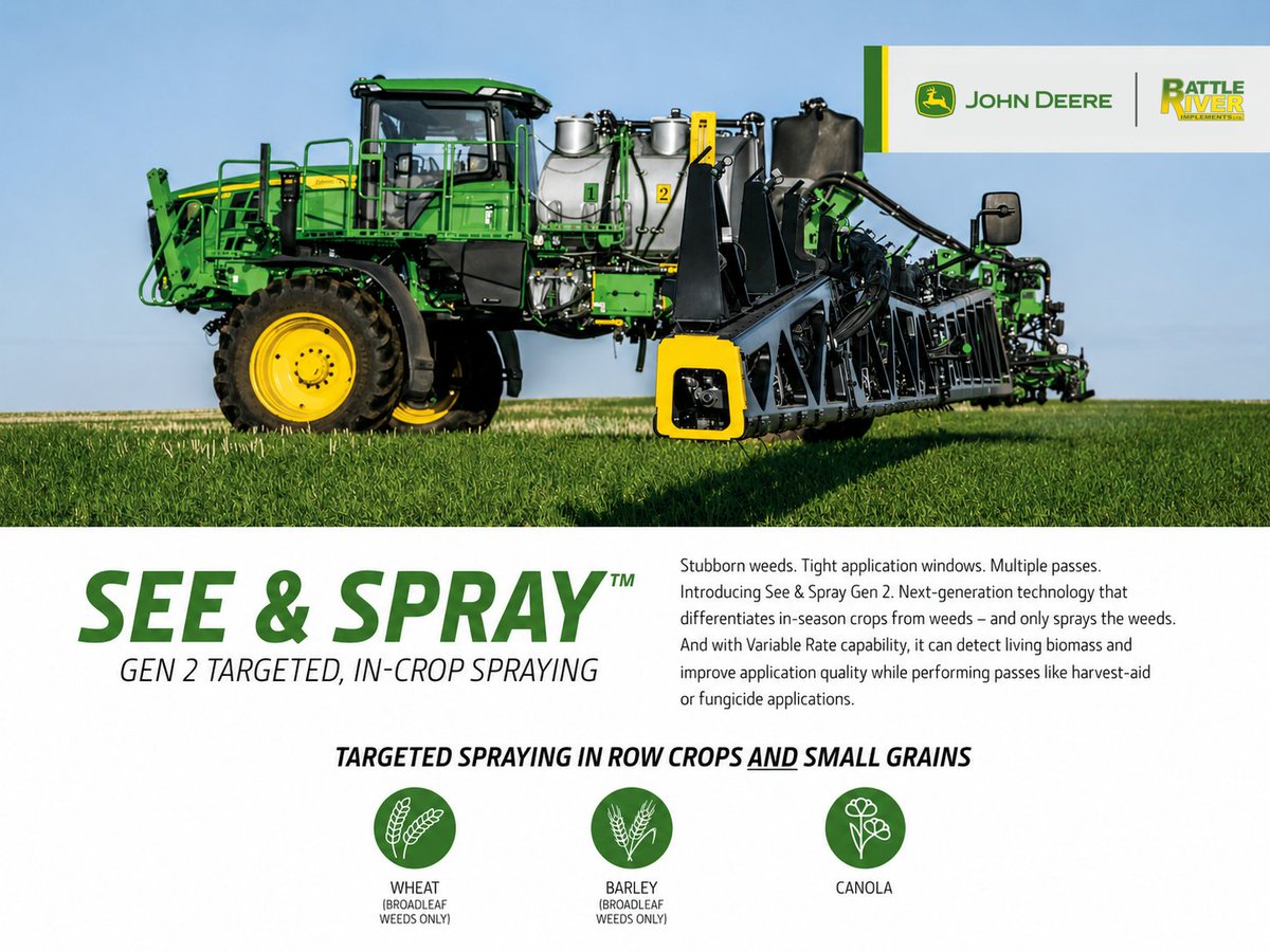 BRILTD's tweet photo. Smarter spraying starts here. 🌱
See &amp; Spray™ Gen 2 helps spot weeds in-crop and spray only where it needs to, with support for wheat, barley, and canola.
Curious how it could fit on your farm? We’re happy to chat. https://t.co/3xqYnOsGtG
