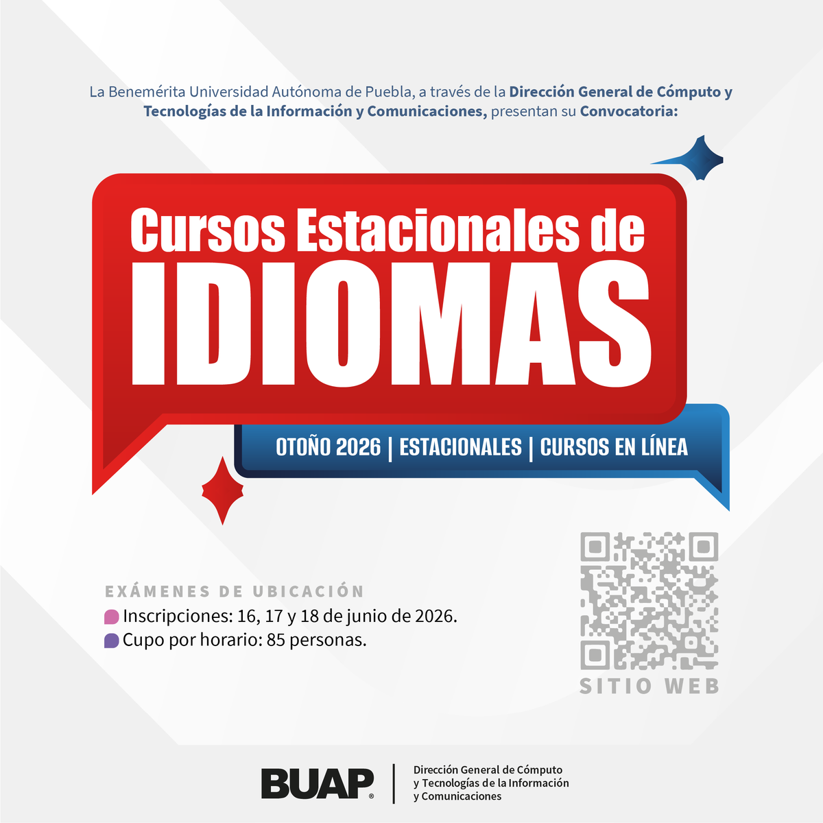 TvredBUAP's tweet photo. EXÁMENES DE UBICACIÓN
Cursos Estacionales de Idiomas Otoño 2026
https://t.co/YAhltwospG https://t.co/HFRlPKjKXF