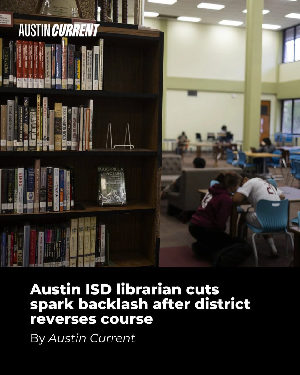 KUT's tweet photo. Weeks after Austin ISD assured families and staff that librarian positions would be protected from budget cuts, the district informed employees one day before summer break that some schools will only have a librarian part-time. From @_AustinCurrent: https://t.co/SQnCJQ75qz https://t.co/fH6dn0AfLF