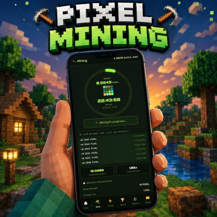 PIXELMINEX's tweet photo. 🚀 PIXEL MINING is live.

📱 Open the app
⛏️ Start a mining session
🎁 Claim PMX when available
🔥 Stay active and maintain your streak https://t.co/laOEMWJf5E