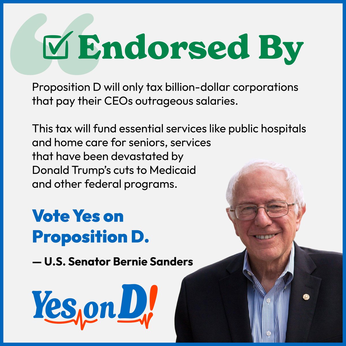 CareNotGreed's tweet photo. Senator Sanders knows what's at stake in this election. Trump handed billion-dollar corporations a massive tax break while gutting the services San Francisco families depend on.

“Prop D will only tax billion-dollar corporations that pay their CEOs outrageous salaries.” https://t.co/c2pw8f4uQy