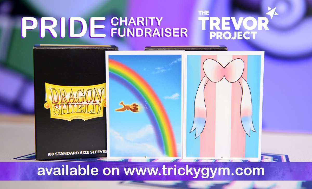 enjoifriend's tweet photo. This month, I'll be donating 100% of the money from the sale of these sleeves and everything else in the Tricky Gym merch store (https://t.co/1VTi4AlmLC) to The Trevor Project in celebration of PRIDE month! I got 50 boxes of each design courtesy of @DragonShield_ . AVAILABLE NOW! https://t.co/HfTjCqOF5i