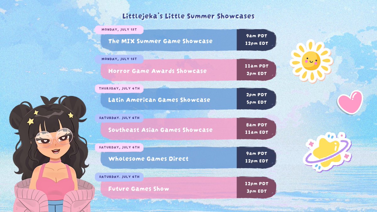 littlejeka's tweet photo. Weekly Stream Schedule ♡.

For this week join me as I co-stream some summer showcases!
so get ready to tune in for some trailers and world premieres and hope to see you there! 🍧

⋆｡˚☀️ttv littlejeka https://t.co/cCoy8PeOxS