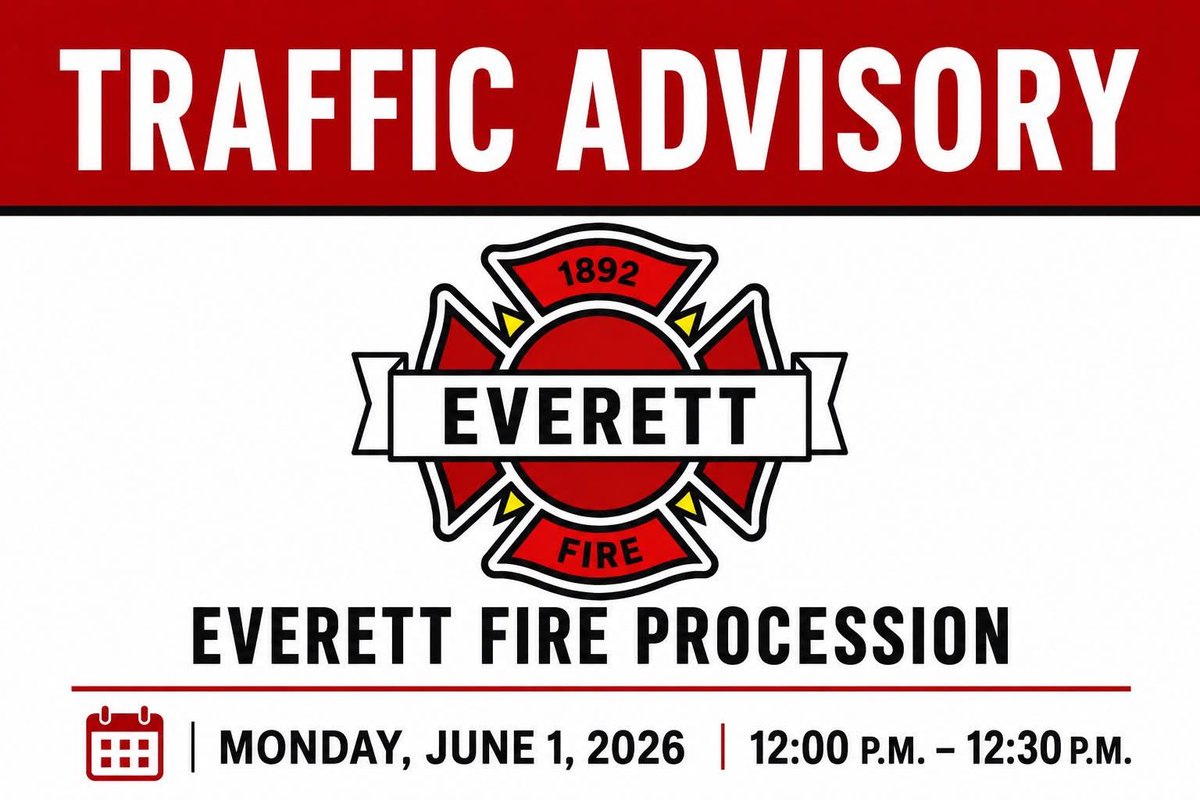 EverettFire's tweet photo. 🚨 TRAFFIC ADVISORY 🚨
 
Today from approximately 12:00–12:30 p.m., EFD will be conducting a procession from South Everett to North Everett as we escort Tom Lyons and his family. Expect temporary traffic delays. Please move safely to the right &amp; allow the procession to pass. https://t.co/FxGZAgkHIt