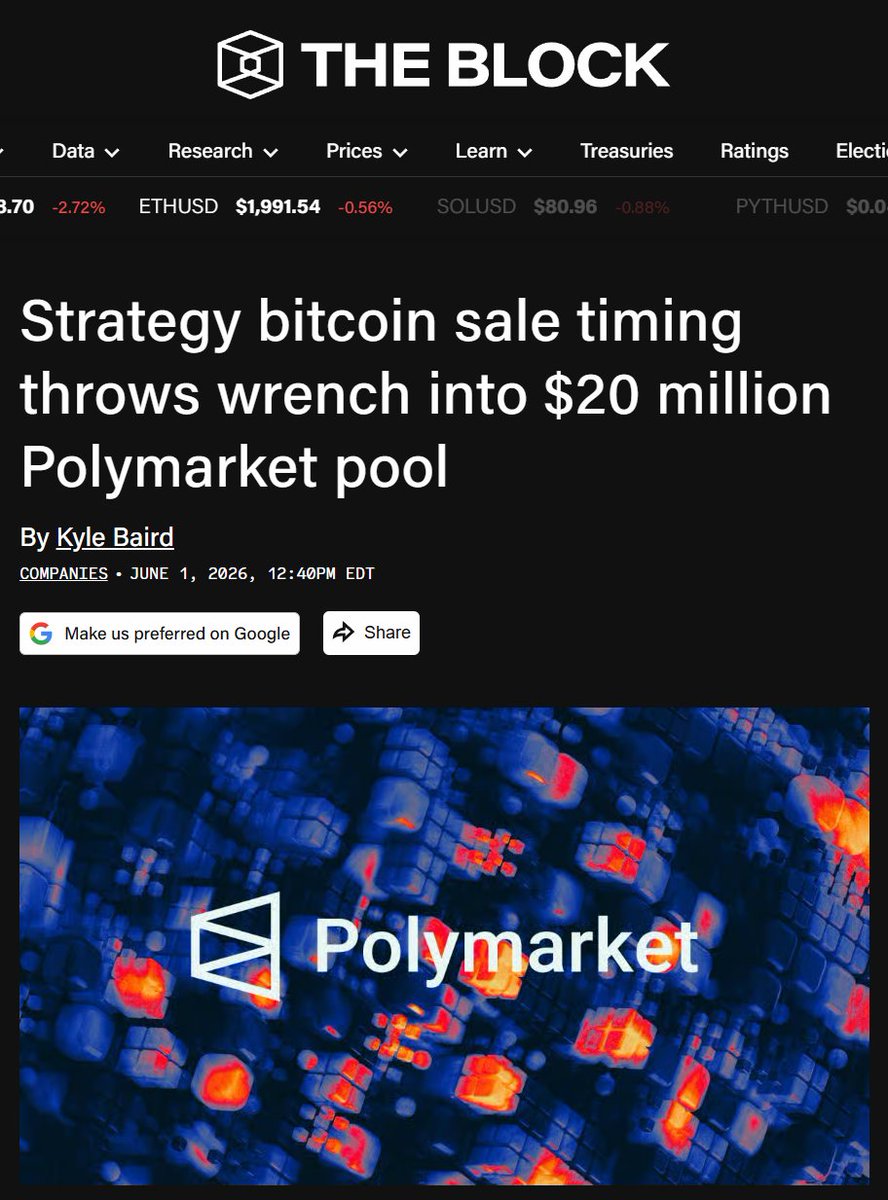 CryptoBizzle's tweet photo. People who bought 'Yes' contracts on Polymarket for the 'Will Strategy sell bitcoin before May 31?' pool aren't happy today.

Strategy's latest SEC filing shows that it did indeed sell 32 BTC between May 26 and May 31.

But Polymarket is arguing after the fact that "confirmation achieved outside of the market's time frame does not qualify," so the pool should result to 'No.'

The page still shows that the results are under final review. 

Read more👇