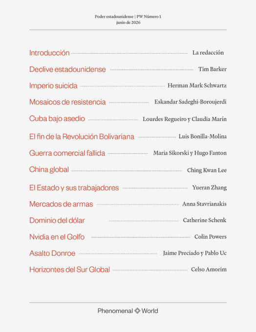 phenomenalworld's tweet photo. PODER ESTADOUNIDENSE

✅ Dólar hegemónico
✅ Acoso a Cuba y Venezuela
✅ Guerra comercial fallida
✅ Disputa por Medio Oriente 
✅ Mercado global de armas
✅ China como contrapoder
✅ Sillicon Valley y la Doctrina Donroe

PRIMER NÚMERO de Phenomenal World 👇 https://t.co/2lvRMMh2ej