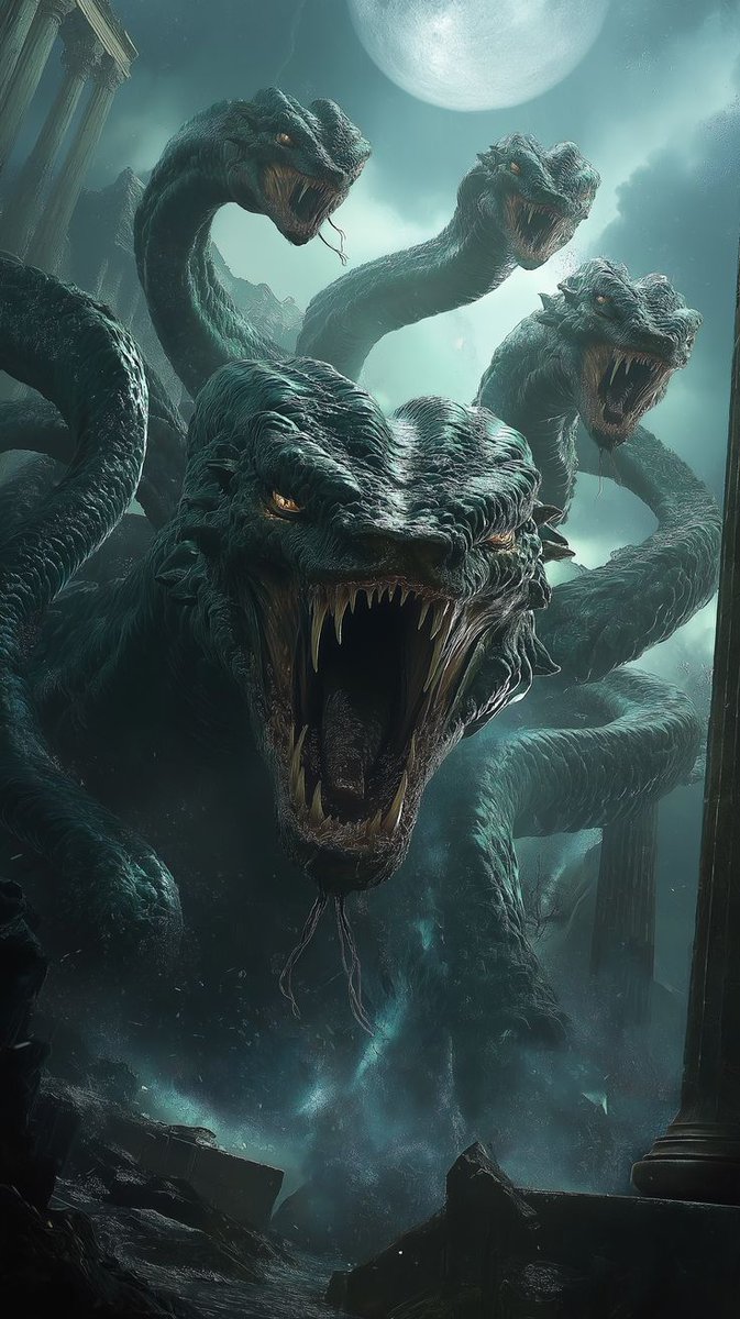 MasoomSami34520's tweet photo. Many heads. One nightmare. 🐍**

Cut one down… two more take its place.**

Some monsters were never meant to be defeated. 🌑

#Horror #Mythology #Hydra #DarkArt #CreatureFeature #NightmareФuel #Fantasy #MonsterArt https://t.co/7mQHuUmzO1