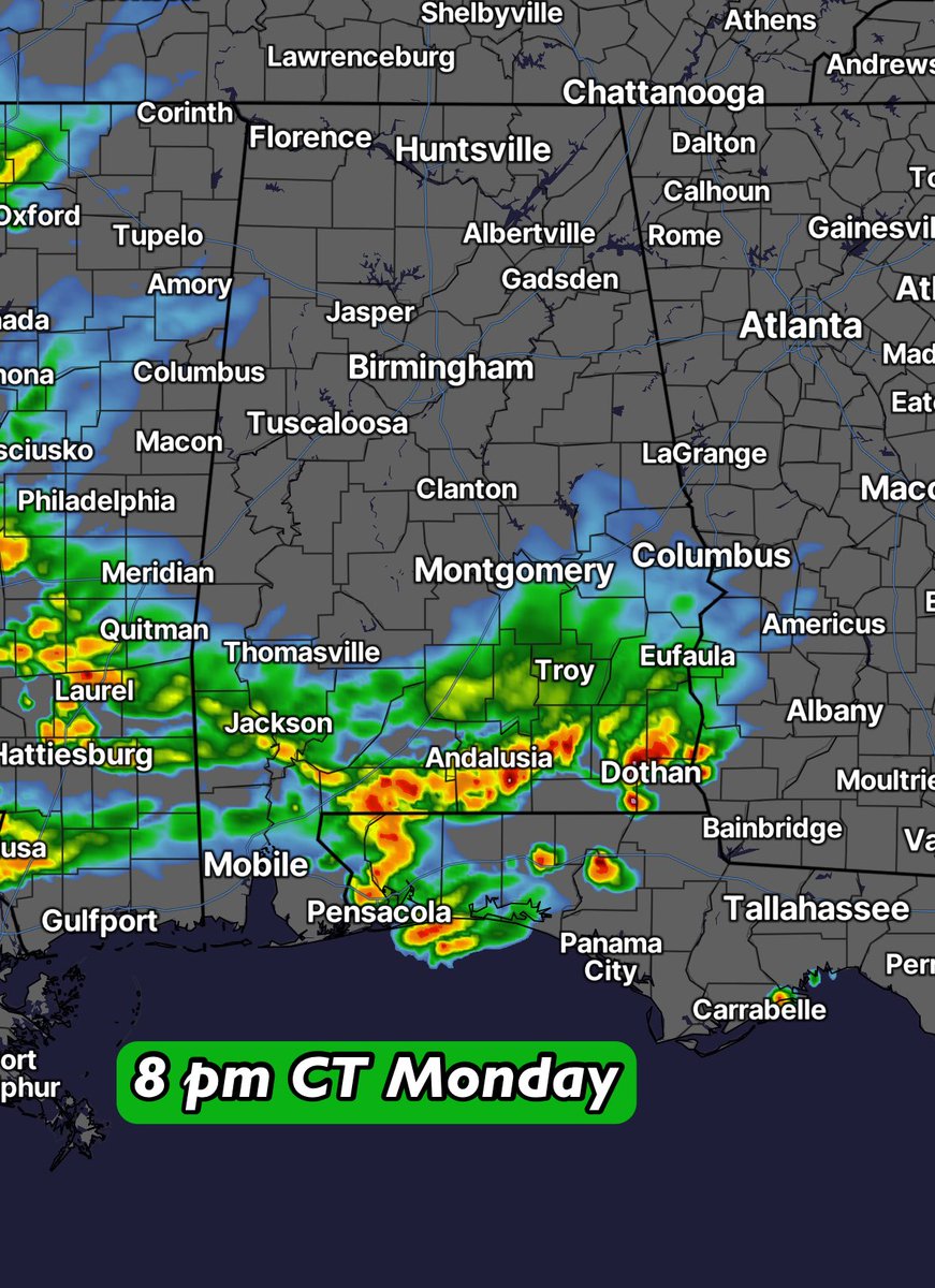 MetDavidPaul's tweet photo. A significant line of showers and thunderstorms is moving southward across North Alabama early Monday afternoon. There’s certainly a chance this makes it into South Alabama this evening. A good day to keep an eye on the radar! ⛈️ Gusty winds are possible at times. 💨 https://t.co/riF63Op0oO
