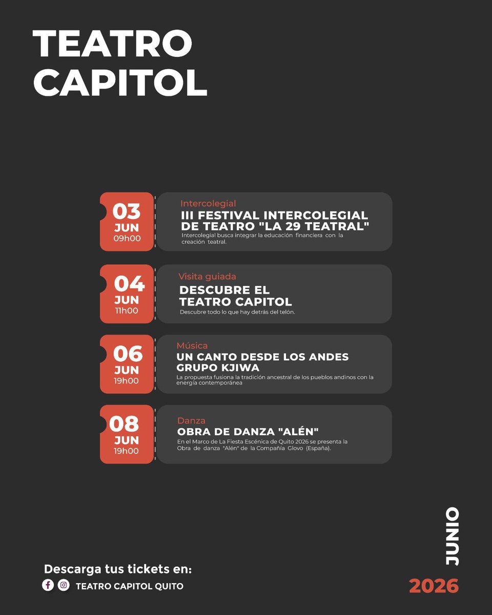 capitolquito's tweet photo. 🏛️✨ #EspaciosCulturales | Junio se vive en el Teatro Capitol 🎶🎭

Música, danza y artes escénicas llenan la agenda cultural con experiencias para disfrutar, compartir e inspirarse. 💫

🗓️ Revisa la cartelera y encuentra tu próximo evento

@culturaquito
#QuitoRenace https://t.co/tL5zLBXuAz