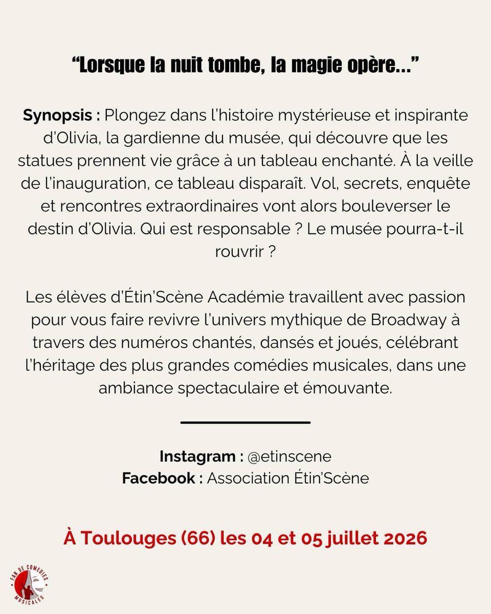 FanMusicaleC's tweet photo. [SPECTACLE] 🎭

Étin'Scène Académie, l'association culturelle basée à Toulouges, présentera sa création de fin d'année "Broadway Museum". Un spectacle qui mêle enquête, émotions, chant, danse et théâtre. https://t.co/wLrJQn0iw2