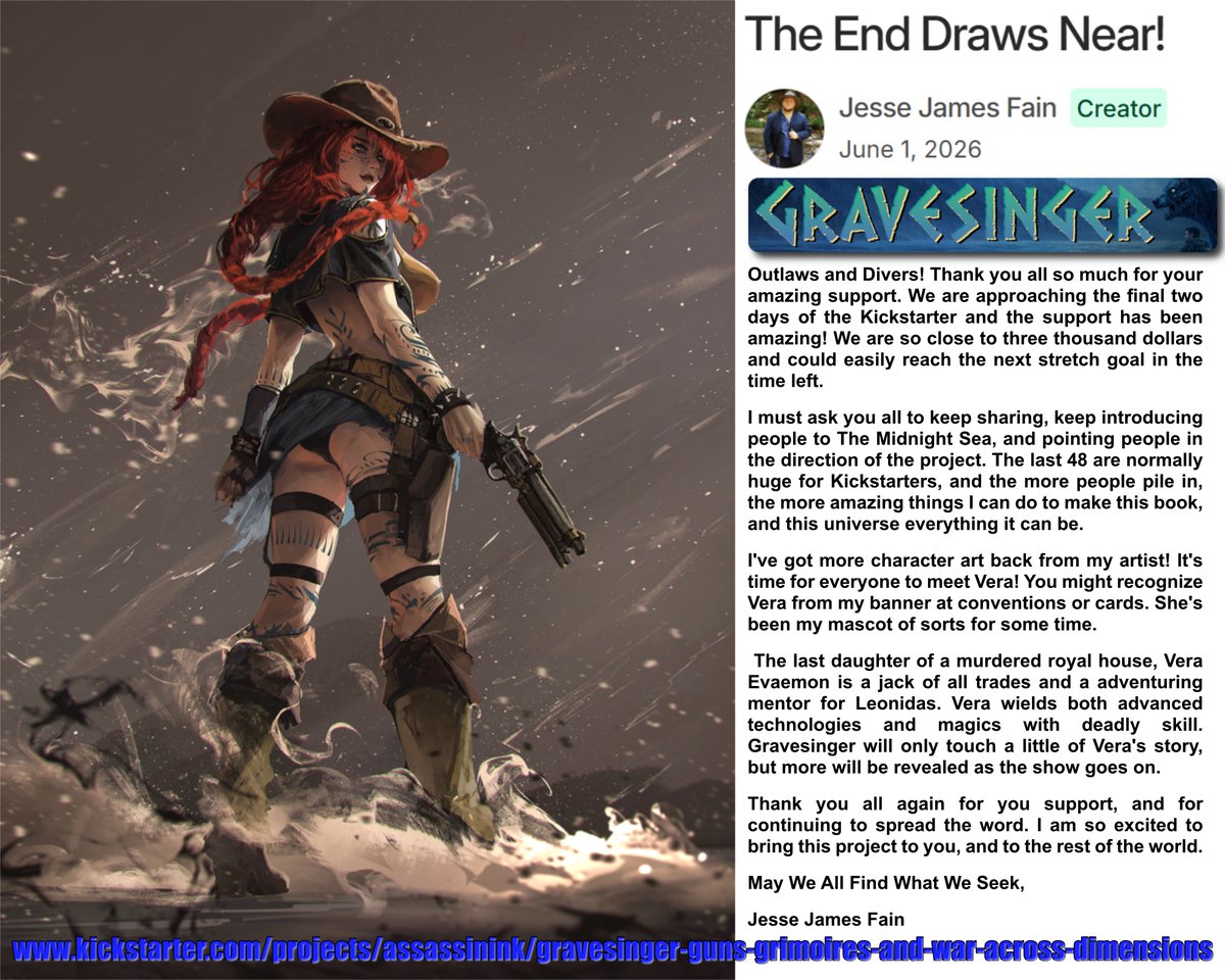 Jesse_A_Barrett's tweet photo. Last Call for a great Kickstarter from @JesseJamesBooks!

"Outlaws and Divers! 

Thank you all so much for your amazing support. We are approaching the final two days of the Kickstarter and the support has been amazing!

May We All Find What We Seek"

https://t.co/L7vBrgn9vR https://t.co/ponSdf1SSV