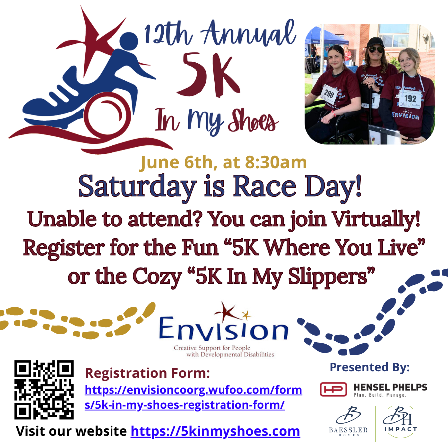 EnvisionCoOrg's tweet photo. The 5K In My Shoes is this Saturday! Unable to join in person? No Problem. Join Virtually by registering for the “5K Where You Live” or “5K In My Slippers” options!!
Learn more at: https://t.co/Q0KrNHx5m1. https://t.co/J2d6fkW2D7
Please join us! 
#5KInMyShoes https://t.co/Jr0bvjeSrt