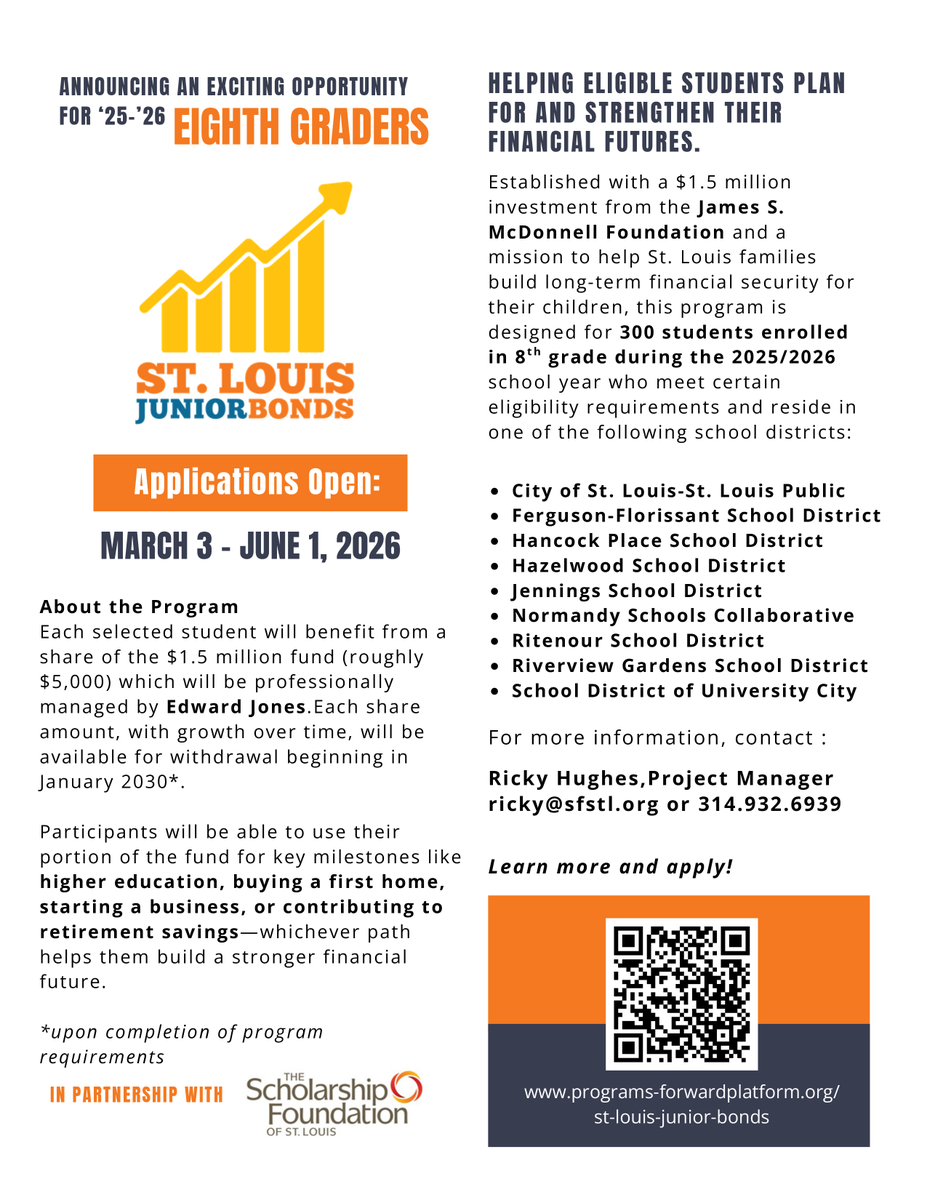 ITEFSTL's tweet photo. TODAY IS THE FINAL DAY for eligible 8th graders in participating St. Louis-area school districts to apply to gain access to an investment fund supporting future goals like college or home ownership. Apply by June 1, 2026. Learn more: https://t.co/YVBLPYMjkc #StLouisJuniorBonds https://t.co/HNOZCqPJOa