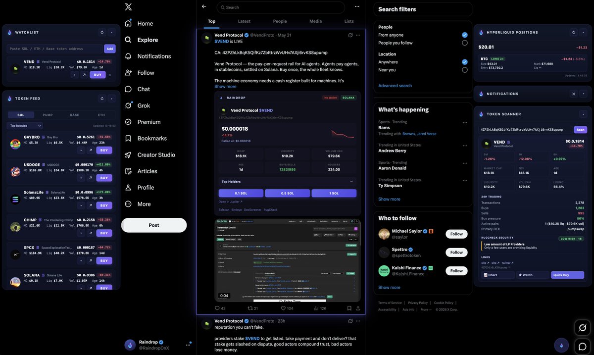 RaindropOnX's tweet photo. What we're currently working on: turning X into an actual fully-equipped terminal.

The overlays on the left and right side are ALL from the Raindrop extension and can be toggled on/off directly from the Raindrop button on the bottom right (next to the Grok symbol).

Designs aren't final but the functionality is done!

1st release (available on the Google web store) gave us multi-chain trading directly on X.

The 2nd release (the one Google is currently auditing) adds in perp trading for 200+ tokens directly on X.

This third release (images attached) turns X into a full-scale terminal, eliminating all friction between the informational layer (X itself/crypto twitter) and the execution layer via Raindrop— this is being pushed immediately after Google greenlights the 2nd release and updates our Google store listing.
