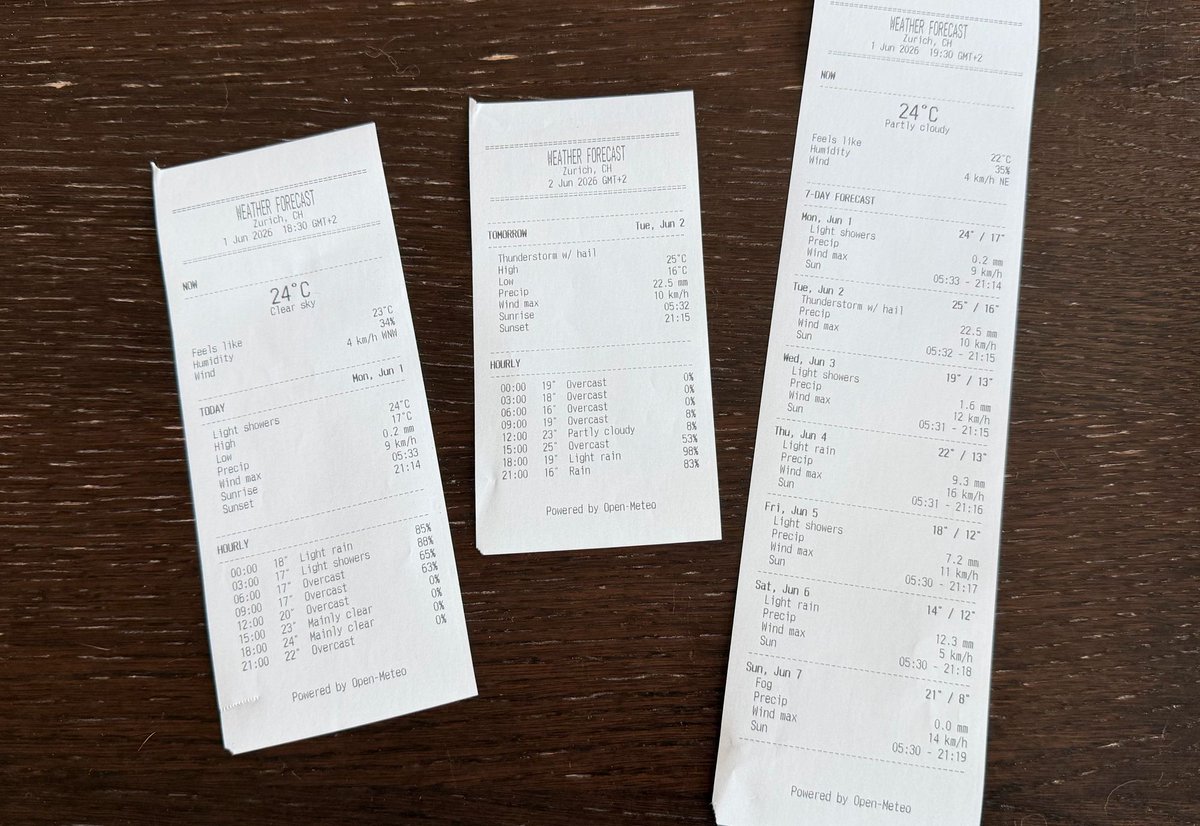 TechPreacher's tweet photo. I just published an app on GitHub that allows you to print today’s, tomorrow’s or a 7 day weather forecasts on an 80 character thermal receipt printer, locally or on the network.

https://t.co/O72h0GqJVF https://t.co/CLBi3HWFs3