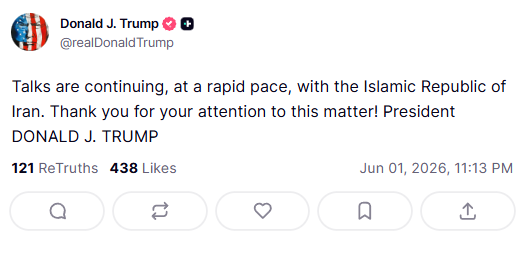 ANI's tweet photo. On Truth Social, US President Donald Trump says, "Talks are continuing, at a rapid pace, with the Islamic Republic of Iran." https://t.co/RFrKefpkVP