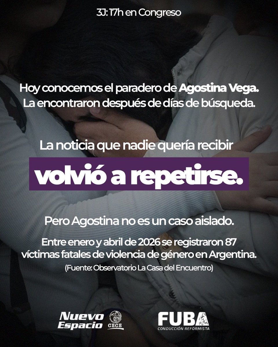 ceceuba's tweet photo. 3J: NI UNA MENOS💜

Entre enero y abril de 2026 se registraron 87 víctimas fatales de violencia de género en Argentina. Según el observatorio La Casa del Encuentro. https://t.co/KNCH1ayQ4D