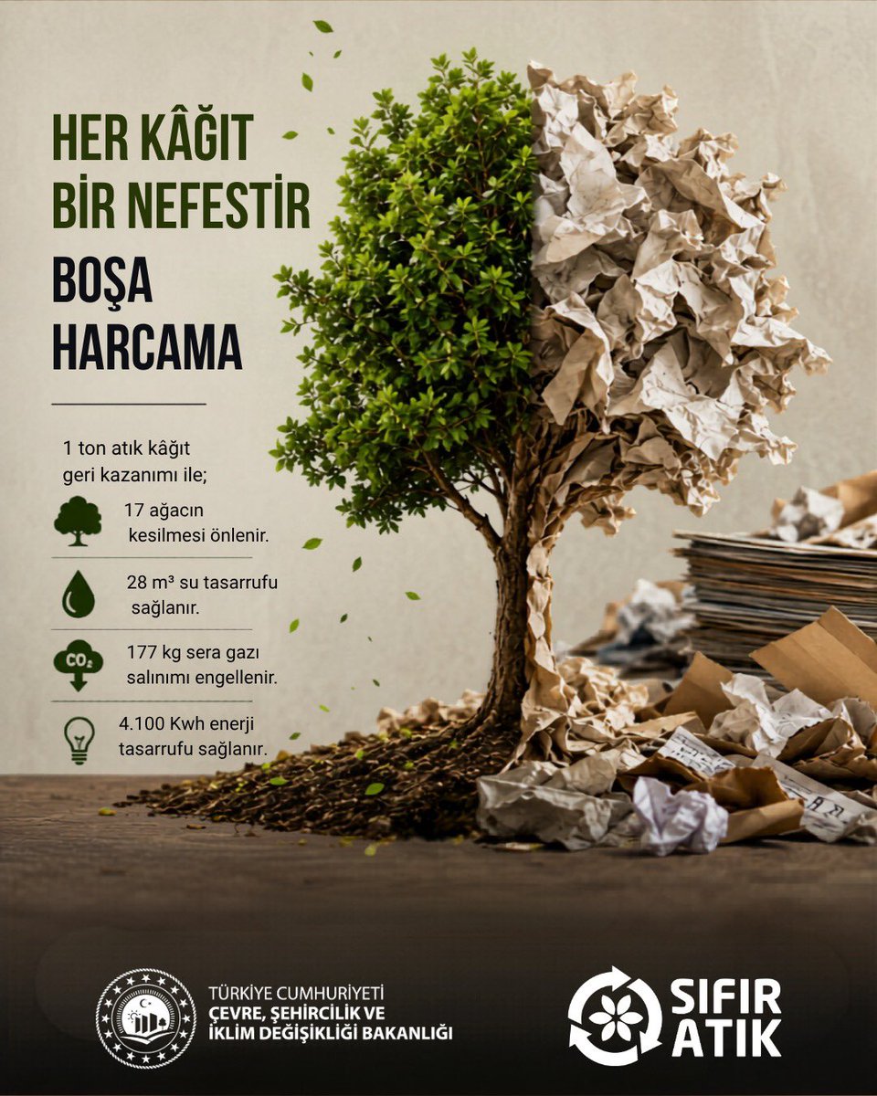 sifiratikgov's tweet photo. Haziran Ayı Sıfır Atık Teması: Kâğıt Atıklar 
 
Bu ay önceliğimiz kâğıt atık oluşumunu önlemek olsun.

Atık kâğıt oluşması durumunda atıkları çöpe değil, geri dönüşüme kazandırarak doğal kaynaklarımızı koruyabiliriz.

Geri dönüştürülen her kâğıt;
 🌳 Daha az ağaç kesimi, 💧 Daha az su tüketimi, ⚡ Daha az enerji kullanımı demektir.
 Unutmayalım; küçük bir ayrıştırma hareketi, doğa için büyük bir fark yaratır. ♻️

🌍 Türkiye’nin ev sahipliğinde gerçekleştirilecek COP31’in öncelikli başlıklarından biri olan Sıfır Atık yaklaşımı doğrultusunda, kaynakların verimli kullanılması ve geri dönüşümün yaygınlaştırılması için çalışmalarımızı kararlılıkla sürdürüyoruz.

#SıfırAtık  #ZeroWaste