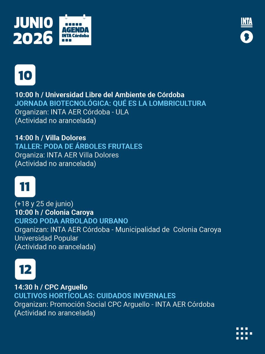 IntaManfredi's tweet photo. 📣 #JUNIO | Agenda #INTACórdoba

✅ Compartimos esta iniciativa para que conozcan el #trabajo que realiza #INTA en la provincia

📝 Cronograma con las actividades de #capacitación para este mes en diversos puntos de #Córdoba

¡Los esperamos!🧉👇

1/2 https://t.co/2cDSQtmBJf