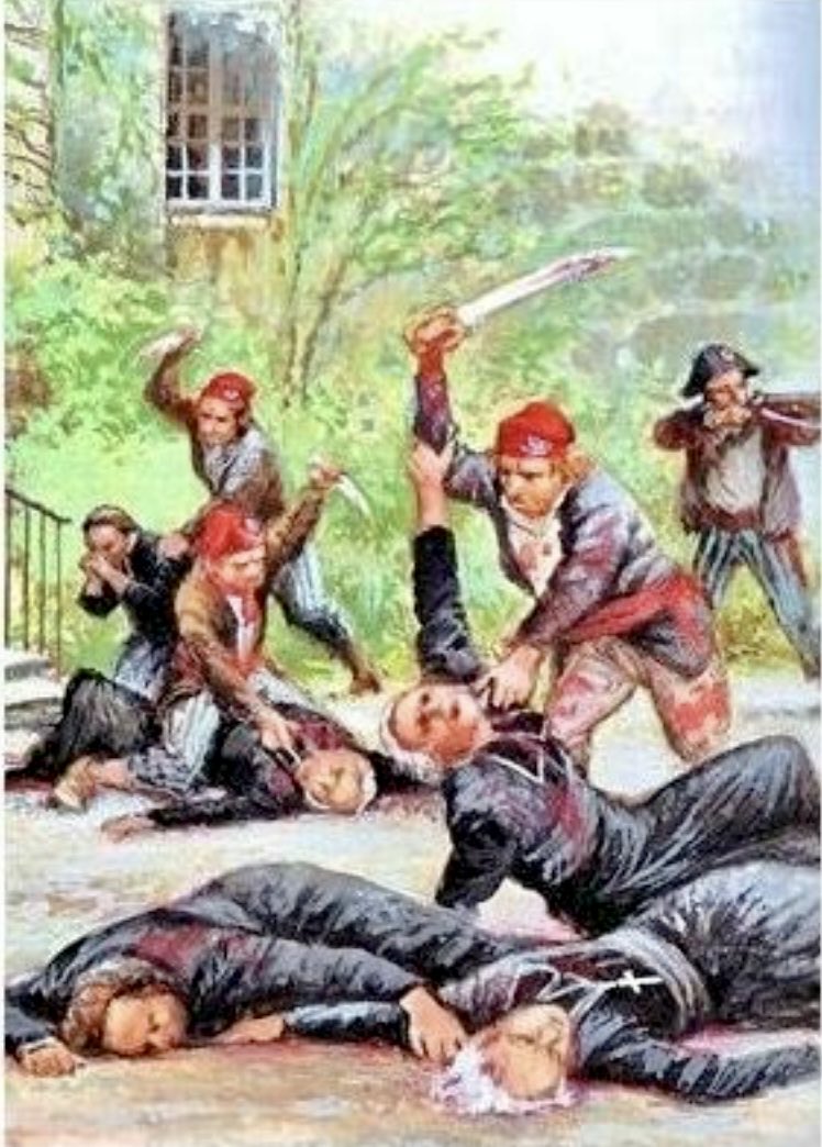SaintMontjoie's tweet photo. «-J'appartiens à la religion catholique, apostolique et romaine. Dit simplement M. de Valfons, et il fut massacré. Les meurtres se succédaient, avec la même répétition de formalités sommaires et d'impitoyables barbaries. Blessé dans le jardin, l'évêque de Beauvais avait été ramené dans le sanctuaire ; il s'y tenait étendu sur un matelas, il avait la cuisse fracassé d'un coup de feu. Plusieurs des hommes pénétrèrent dans le chœur: - Où est l'évêque de Beauvais ?  - Vous voyez que je ne puis marcher, répondit doucement le prélat, ayez la charité de me porter où je dois aller pour mourir. » Et on le soutint jusqu'à l'escalier où il fut égorger. »
Pierre de la Gorce concernant les massacres de septembre 1792