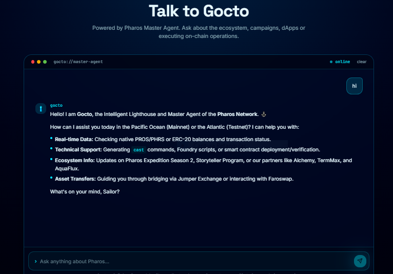 VictoChain's tweet photo. Our Pharos PT-BR community moderator @chlealrj  has created GOCTO, an AI agent fully integrated into the @pharos_network  ecosystem and built exclusively for the Pharos community. 

https://t.co/tJp5QrkdO5

With GOCTO, you can ask questions about the network, explore the Pharos ecosystem, discover dApps, access project-related websites, and navigate through a wide range of important information all in one place.

In addition, the agent already allows you to check your wallet balance and access quick information about network resources.

This initiative showcases the potential of AI when integrated directly into a blockchain ecosystem, making information more accessible and simplifying the user experience.

I've already tested it and found the concept very interesting. Now I'd love to hear what you think!

Give GOCTO a try and share your feedback with the community. Every suggestion can help improve the tool and make it even better for everyone. 👇

🔗 https://t.co/tJp5QrkdO5

#PharosStoryteller