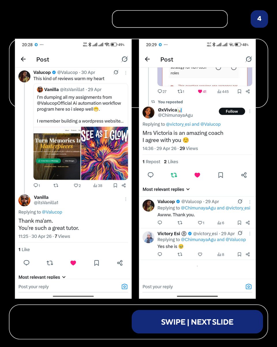 Valucop's tweet photo. 60 days ago, 40+ ladies signed up with me to learn AI workflows. 

We have 30 days to go and we have achieved so much in 8 weeks. The ladies are so amazing and their commitment is so commendable.

Some of the things we learned include:

- AI Agents & Automation: 

Utilizing tools like Manus AI, Gumloop, Zapier, and Apify (web scrapers) 

to automate repetitive workflows, schedule automated internet research, and extract data for tasks like lead generation and job hunting. 

- AI Video Creation & Storytelling: 

Crafting cinematic marketing ads and short stories using detailed prompting formulas that define camera angles, subjects, actions, and environments. 

This includes generating digital twins/avatars, creating AI User-Generated Content (UGC), and keeping character faces consistent across different scenes using tools like Google Flow, Meta AI, and Kwai.

- Voice Cloning & Audio Synthesis: 

Creating unique character voices, cloning personal voices, and adding specific emotions or pauses to scripts using ElevenLabs, VoiceBox, and SpeechMa. 

- AI Music Production: Writing lyrics with ChatGPT and generating custom, copyright-free music 

(including specific genres like Afrobeat or tribal/local languages) using Google Labs Music and Easy Music.

- No-Code Landing Pages & Portfolios: 

Using "master prompts" to instantly generate fully functional websites and landing pages with platforms like v0, https://t.co/Jy1OhhV28v, and Lovable. 

This topic also covered converting resumes into shareable portfolio links using cvinbio and integrating payment gateways like Paystack or Stripe into these AI-built pages.

- Niche-Specific AI Workflows: 

Claude AI: Creating customized "Skills" (e.g., programming the AI to act as a dedicated social media manager) and generating large, formatted `.docx` reports for tasks like data analysis.

Google NotebookLM: Conducting extensive research by combining multiple YouTube links or documents, and converting them into study materials like podcasts, mind maps, and flashcards.

Google Stitch: Generating modern UI/UX designs and mobile app homepages instantly from text prompts.

- Ethical Use of AI: Understanding AI limitations, biases, and the critical importance of keeping the "human in the loop" to provide context, guide the AI, and verify outputs rather than relying on 100% automation.

Some of the feedback: