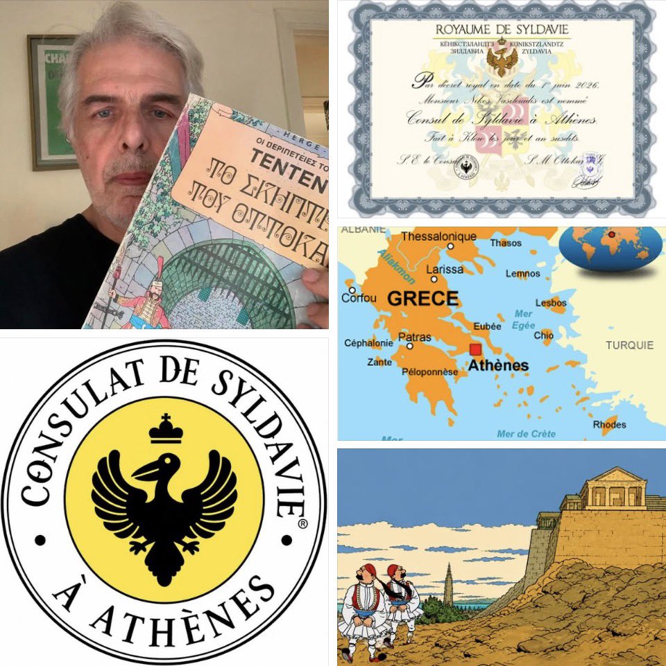 CleliaAF's tweet photo. ¡Atenas ya tiene cónsul de Syldavia! Se trata de ασι ie ει Ott, nombrado por Su Majestad Ottokar VI. Me une a él que ambos somos periodistas (él es corresponsal en el Parlamento Europeo) y ambos sentimos especial afecto por El Cetro de Ottokar. 

Eih bennek, eih blavek!
#Tintín https://t.co/KsbeoLqlpd