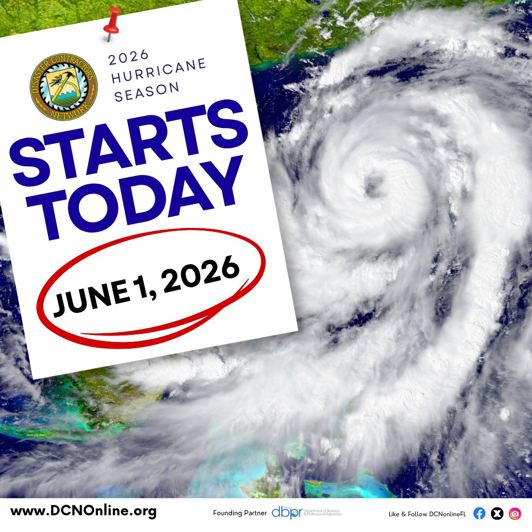 DCNonlineFL's tweet photo. Today marks the start of #HurricaneSeason. Put the Disaster Contractors Network in your hurricane kit. https://t.co/lodGROaA05 connects homeowners to @FloridaDBPR licensed contractors for emergency home repairs after a storm. It’s a free service. https://t.co/DZJDcoKPlD