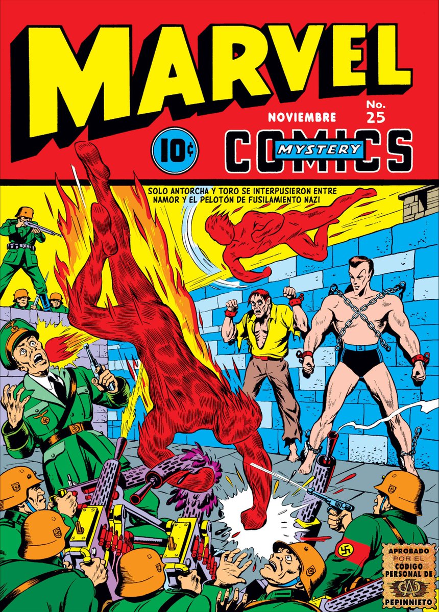 TODOCOMICS2's tweet photo. ¡Un "error" histórico! 🚨 

En la portada de Marvel Mystery Comics #25, 1941, Namor estrena por primera vez su icónico cinturón con la "S". 

¿El detalle? Dentro del cómic NO lo usa; el portadista Alex Schomburg lo inventó y el canon lo adoptó después.

#marvel #comics https://t.co/XdNdfgn5c2