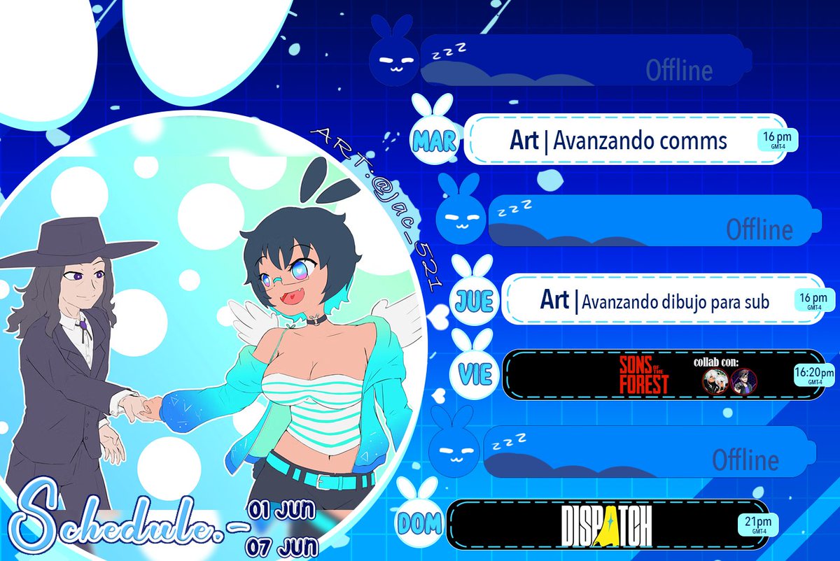 Azura_pyon's tweet photo. Strims de la semanita para fingir que salir afuera no es deprimente  :3 

|Art: @Jac_521 ♥ gracias por el dibujito jacsito tkm ♥
| los stream empiezan: 16:00 pm PM GMT-4  
#vtuber #Azurapyon #schedule https://t.co/XmrRDbJSpk