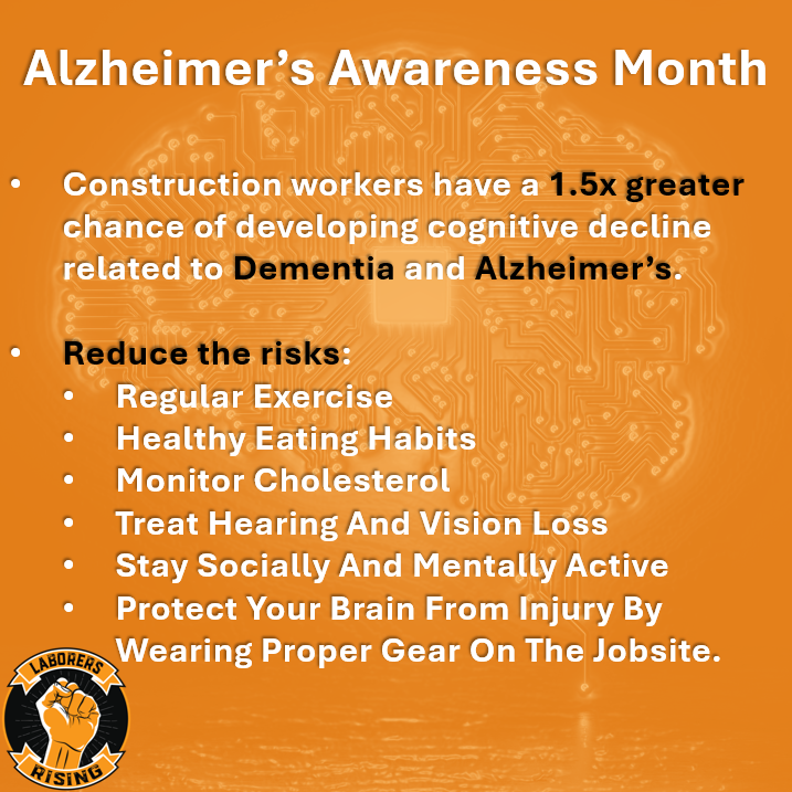MiLaborers's tweet photo. It's #AlzheimersAwarenessMonth.
Due to the nature of construction, workers have an increased risk of #Dementia and #Alzheimers. BUT there are ways to mitigate these risk by taking the proper steps.
#ProtectYourBodyProtectYourMind #FeelThePower https://t.co/00at885FJR