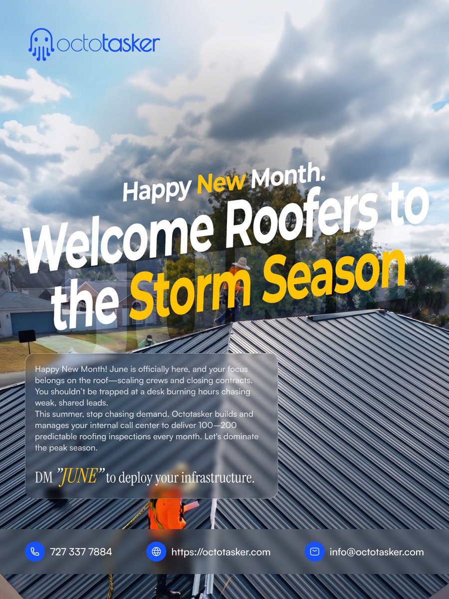 Octotaskerinc's tweet photo. June is here. 🌩️

Storm season can make or break a roofing company.

The roofers who win aren’t waiting for leads.

They’re building systems that generate inspections every day.

At Octotasker, we help roofing companies build internal call centers with trained Caribbean Setters who book inspections while your sales team focuses on closing deals.

Stop renting leads.
Start owning the system.

DM “JUNE” for details.

#Roofing #StormSeason #RoofingSales #RoofingContractor #LeadGeneration #AppointmentSetting #RoofingBusiness