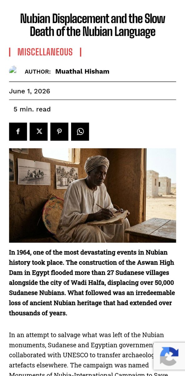 braidedmuathal's tweet photo. https://t.co/U5hkC69VhT

The City of Wadi Halfa drowned under the waters of Lake Nubia 62 years ago. What followed was not foretold for Nubian people, culture and language. Exodus both physically and linguistically dominated the narrative. https://t.co/l6Di9z42Lq