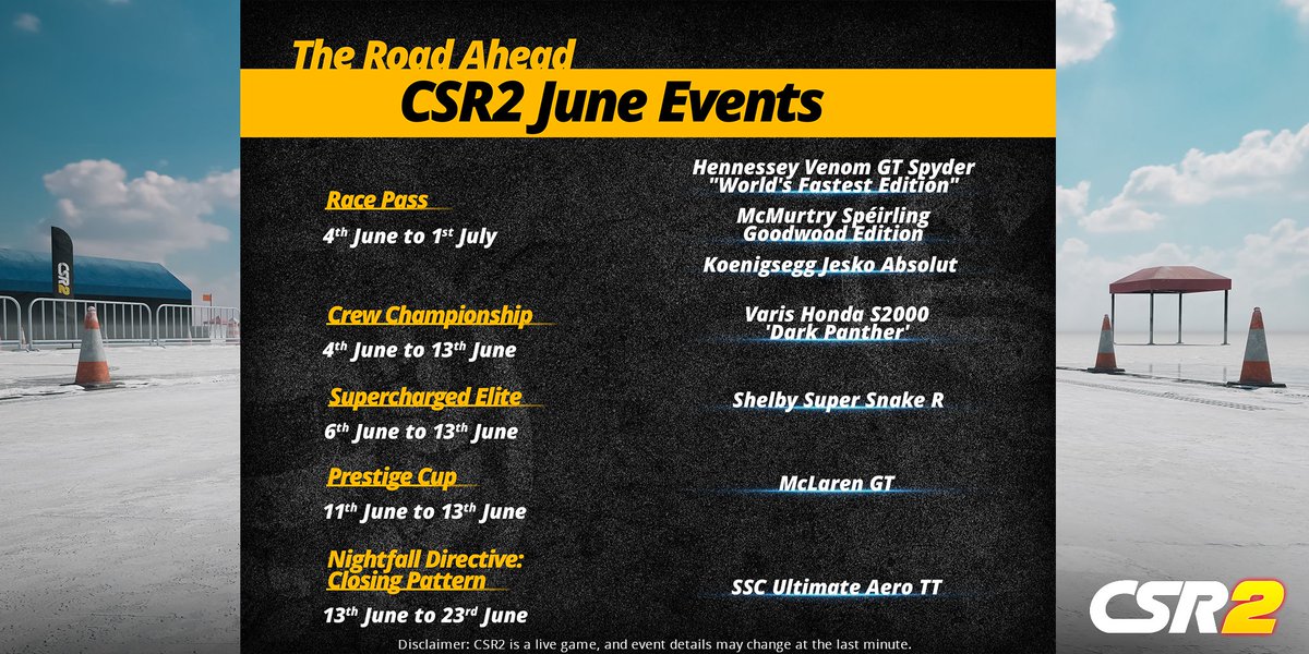 CSRRacing's tweet photo. Your roadmap for June has arrived. 🗓️
Check out this month's events, dates, and prize cars, then start planning your path to victory. Which event is first on your list?

Play CSR2 here: https://t.co/s9Ydj9Cxp0

#CSR2 #Supercars #CarCulture #RacingGames #CSR2Cars https://t.co/wmO99mjMaO