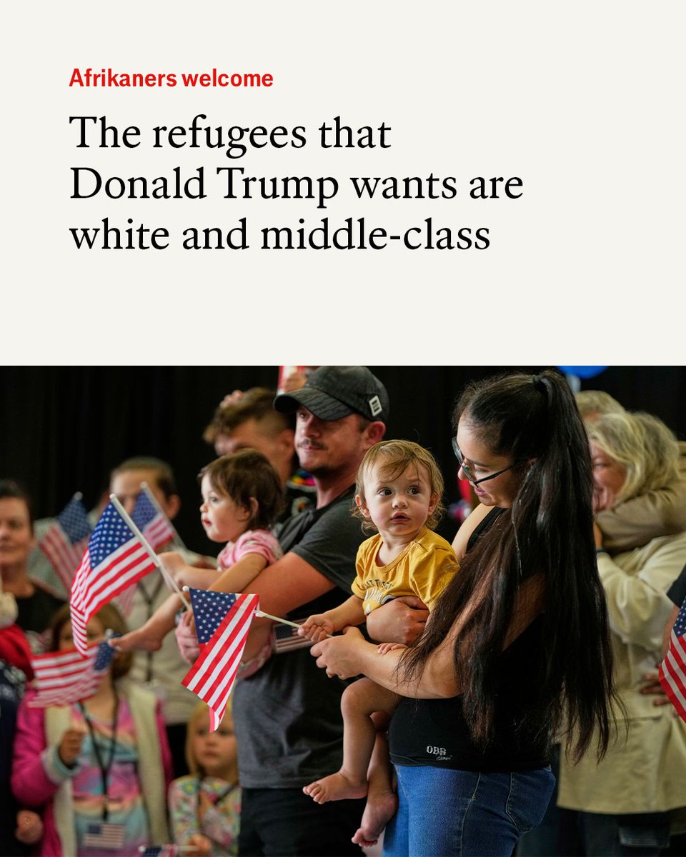 TheEconomist's tweet photo. Of the roughly 6,000 refugees admitted to America since October, nearly all are white South Africans. But many have gripes about the country’s threadbare social-safety net https://t.co/4s74ZKSVlP

Photo: AP https://t.co/oBRzQ91IBj