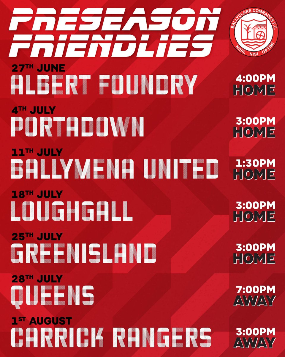 BallyclareFC's tweet photo. 📆 𝐏𝐫𝐞𝐬𝐞𝐚𝐬𝐨𝐧 𝐅𝐫𝐢𝐞𝐧𝐝𝐥𝐢𝐞𝐬

We can now confirm our upcoming preseason friendlies.

We will play Albert Foundry, Portadown, Ballymena United, Loughhall and Greenisland at Dixon Park, then travelling to Queens and Carrick before the season opener. 

#BCFC
#Preseason https://t.co/277K5PLM62