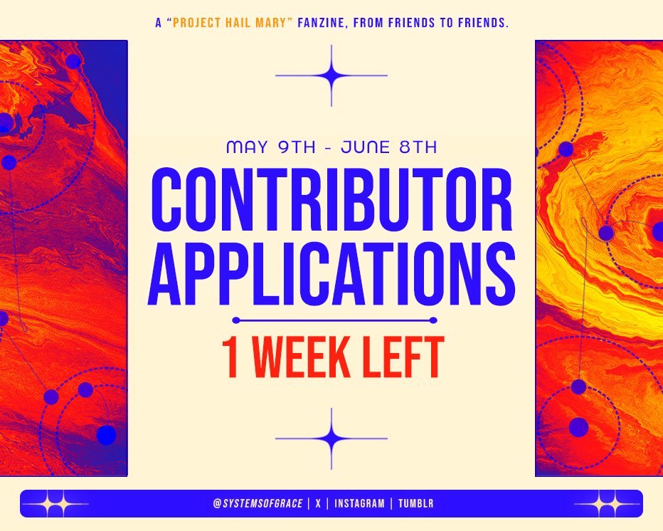 systemsofgrace's tweet photo. 🪐 — CONTRIBUTOR APPS : 1 WEEK LEFT!

Has friend applied for our zine yet, question? ✨

We've received an incredible amount of amazing applicants so far, and we wouldn't dare to say no to more! Our contributor applications are open until June 8th, 6PM UTC.

Forms linked below ⬇️ https://t.co/tdCZZUhEvf