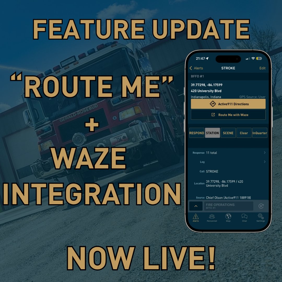 Active911's tweet photo. New update!

Route Me now lets you set a default navigation app (Apple Maps, Google Maps, or Waze) so you can route to the scene in one tap.

Set your default when you navigateto your next call or going to Settings → Default Routing.

#Active911 #FirstResponders https://t.co/MKGP8iV4VF
