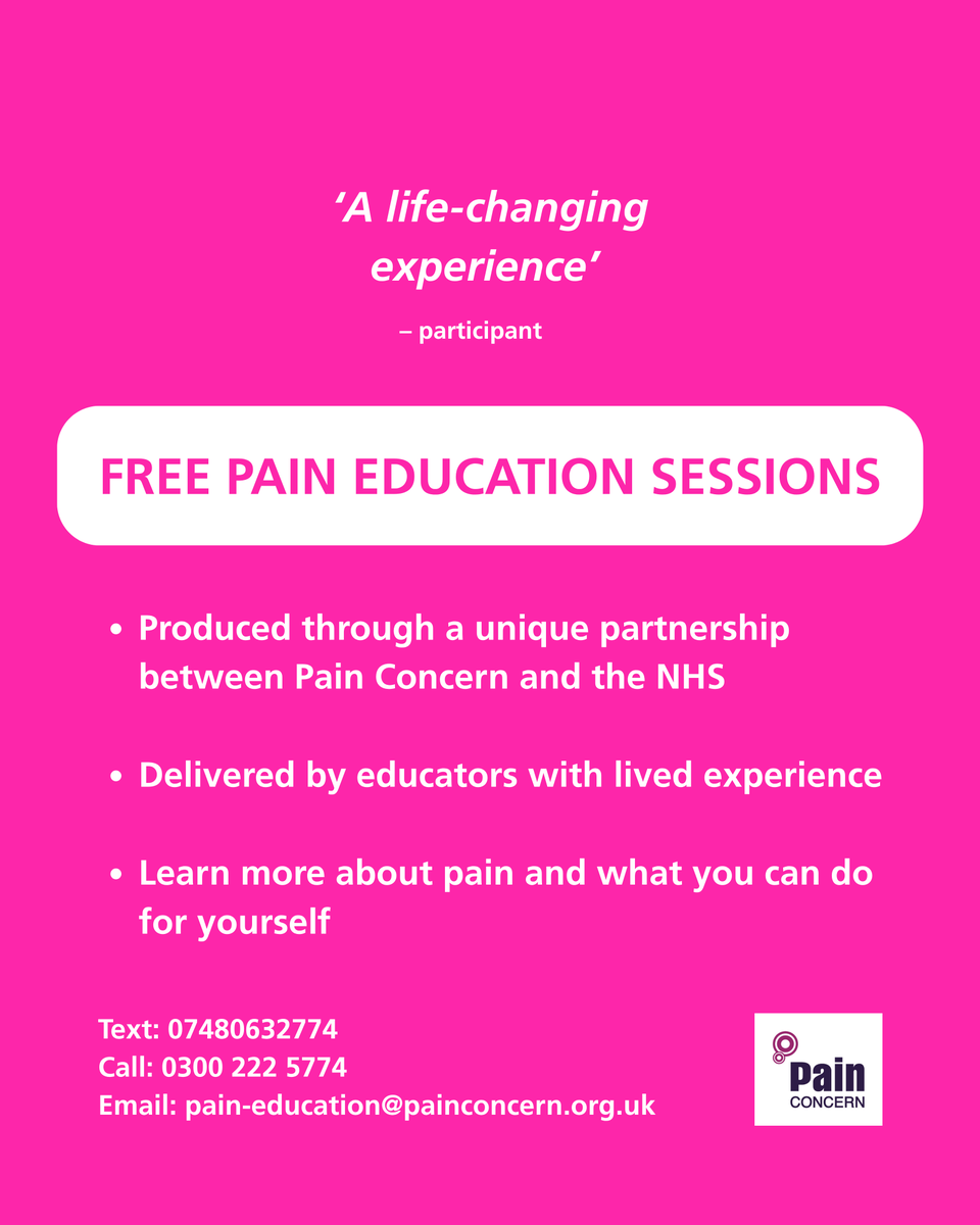 PainConcern's tweet photo. Learn more about pain &amp; what you can do for yourself at a free education session

🤝 A unique partnership with the NHS
⭐ Delivered by educators with lived experience
📍 Online &amp; in-person

👉 https://t.co/staO4WH01R https://t.co/ScJxwN5b7k