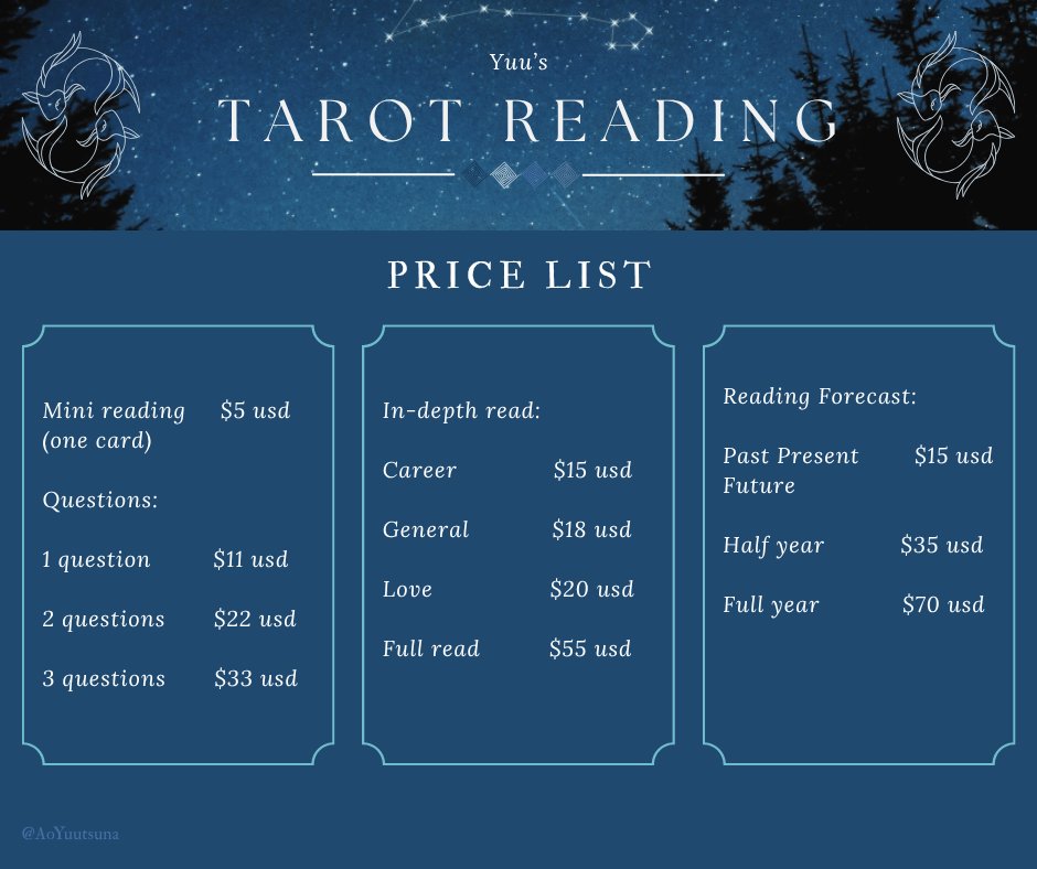 AoYuutsuna's tweet photo. 𓆝 𓆟 𓆞 #tarotreading service open!!   𓆝 𓆟 𓆞

dm me if you're interested <3

and pls do check the TOS before anything!
(1/2) https://t.co/1RLL9WfJOe