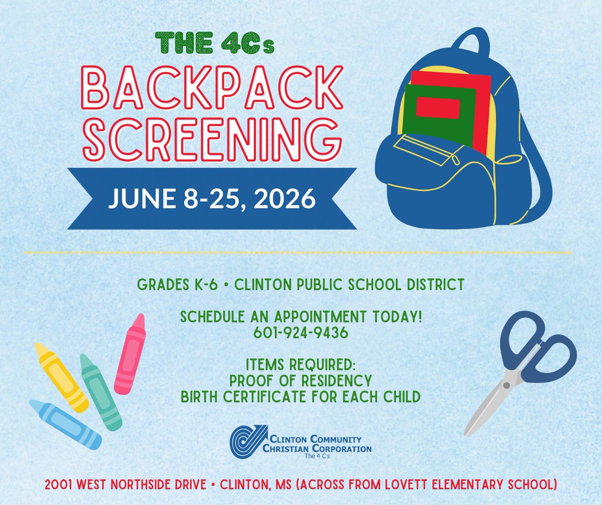 39056_Chamber's tweet photo. The Clinton Community Christian Corporation's annual Backpack Screening will begin June 8th! 🍎 If you are in need of assistance for school supplies for your K5-6th grade child, call to schedule your appointment today. 601-924-9436 https://t.co/SGmQivceEC